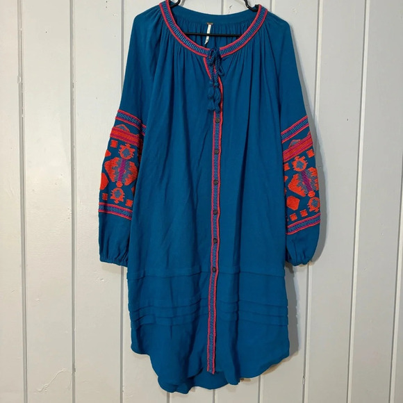 Free People Tops - Free People In The Clear Embroidered Tunic Dress Oversized XS Blue Orange